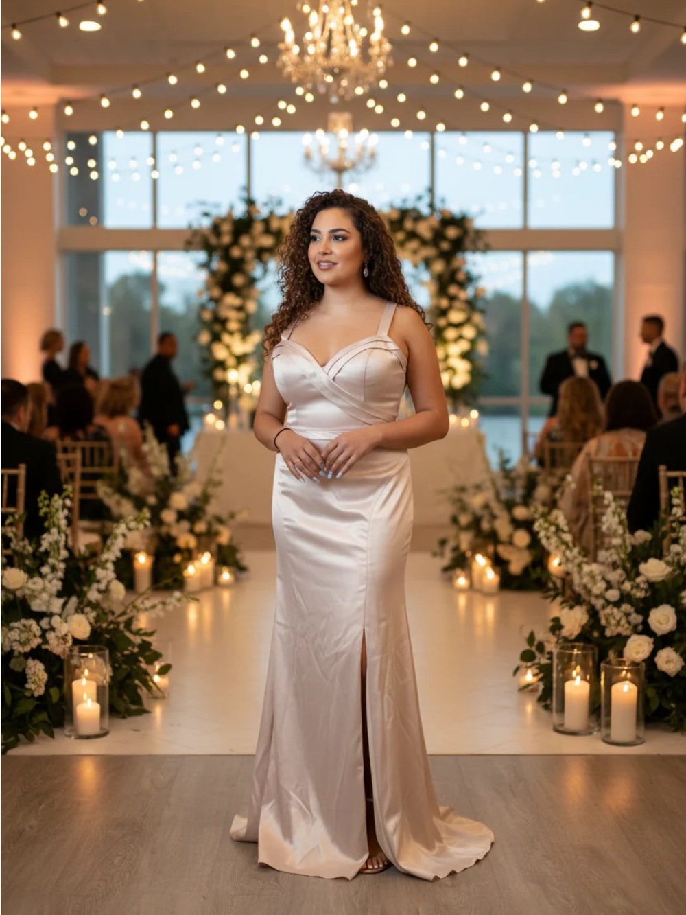 Satin Latte Evening Gown with Front Slit